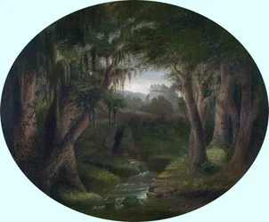 Landschaft mit moosigen Bäumen und fernen Ruinen